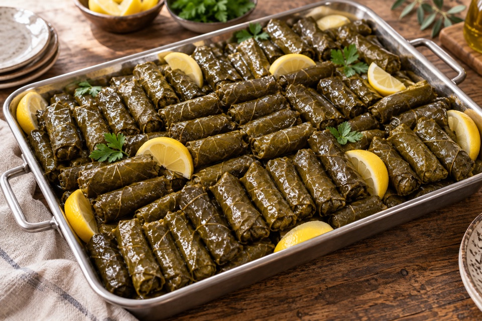 Toplu sipariş için tepside dizilmiş yaprak sarmalar ve limon dilimleri